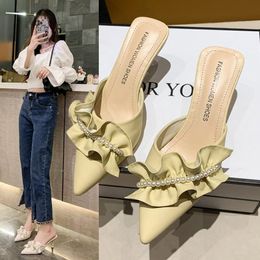 Slippers 2023 Summer Ruffled Pointed Shoes Pearl French High Heel's Stiletto Sandals Fashion with Skirt Sweet Korean Version 230818