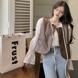 Women's Vests 2023 Summer French Style Bubble Sleeve Shirts Retro Overlay Leather High Grade Two Piece Sets Clothing