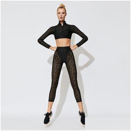 Womens Tracksuits Leopard Lace Yoga Sets Woman Sportswear Fitness Suit Sport Clothing for Women Gym Wear Running Clothes Workout Ta Dh1yh