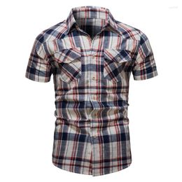 Men's Casual Shirts Summer Menswear High Quality Cotton Plaid Shirt Pocket Business Top Lapel Short Sleeve Loose Cardigan