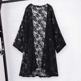 Women's Trench Coats Summer Beach Cover-up Stylish Lace Flower Embroidered Cardigan Sheer Elastic Anti-uv Cover Up For Long Coat