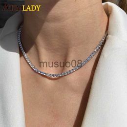 Pendant Necklaces Thin 3mm CZ 1 Row Shiny Tennis Chain Necklace HipHop Iced Out Bling Cubic Zircon Choker Jewellery Gold Colour Plated For Women Men J230819