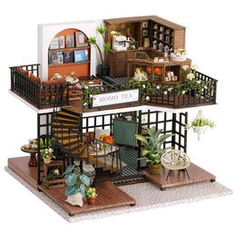 Doll House Accessories Assemble DIY Wooden House Dollhouse kit Wooden Miniature Doll Houses Tea Dollhouse toys With Furniture LED Lights Gift 230818