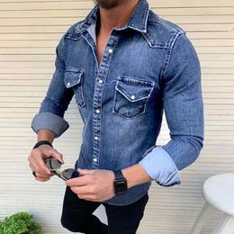 Men's Casual Shirts Autumn Winter Korean Fashion Denim Wash Long Sleeve Shirt Coat Slim Fit Jacket