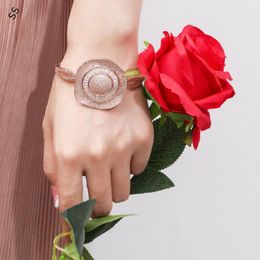 Bangle Big Floral Open Bracelet Women Hand Ornaments Anti-allergic Eco-friendly Copper Plated Rose Gold Zircon Flower Spring Buckle