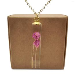 Pendant Necklaces Purple Blossom Babysbreath Real Flower Transparent Cube Resin Gold Color Chain Long Necklace Women Boho Fashion Jewelry