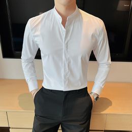 Herren lässige Hemden Schwarz/Weiß Herbst-Standkragen Langarm Kleid für Herren Kleidung 2023 Slim Fit Club Smoking Formal 4xl-M