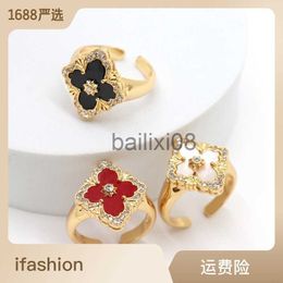 Band Rings Natural Fritillaria Fourleaf Grass Ring for Female Minority Design Personalised Open Ring with Diamonds Lucky Grass Eating Finger Ring J230819