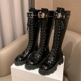Boots Autumn and winter Women kneehigh boots natural leather 2225cm cowhide side zipper Knight belt buckle modern 230818