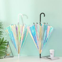 Umbrellas Laser Semi-Auto Transparent Umbrella Fashion Colorful Long Handle