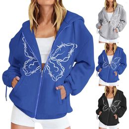 Women's Hoodies Ladies Fashion Butterfly Print Loose Basic Zipper Hooded Sweater Hoodie Womens Full Zip Pullover Sweatshirt For Women
