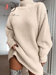 Basic Casual Dresses Women Turtleneck Oversized Knitted Dress Autumn Solid Long Sleeve Casual Elegant Mini Sweater Dress Winter Clothes 230815