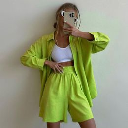 Women's Tracksuits Green Casual Shorts Set For Women Elegant Long Sleeve Shirt Blouse And Outfits High Waist Short Pant Two Piece 2023