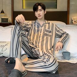 Men's Sleepwear Autumn Full Pure Cotton Pyjamas Men Long-sleeved Pijamas Hombre Homme Nightwear Striped Print Pyjamas Male L-3XL