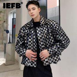 Mens Jackets IEFB Sequin Embroidered Plaid Short Jacket Chic Design Lapel Zipped Coat Autumn Oversized Clothing 9Y9983 230818
