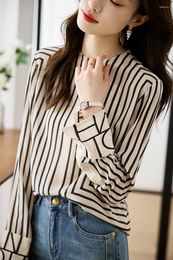 Women's Blouses Korean Style High-end Striped Shirts Womens Clothing 2023 Autumn O Neck Mulberry Silk Elegant Ladies Tops Blusa Feminina