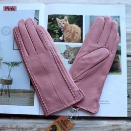 Five Fingers Gloves Winter Warm Color Leather Women Fashion Striped Style Velvet Lining Motorcycle Riding Driving Points 230818