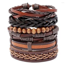 Bangle 6 Pcs/set Vintage Wood Beads Multilayer Leather Bracelet Men Fashion Braided Handmade Rope Wrap Bracelets & Bangles