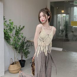 Women's Tanks Summer Vacation Style Tassel Hook Weave Hollow Out Bohemian Camisole Women Cover Up Top Vest Inner Layer Tube Two Piece Set