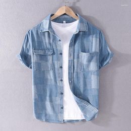 Men's Casual Shirts #7622 Summer Blue Denim Shirt Men Short Sleeve Pockets Cotton Split Joint Streetwear Jeans Turn-down Collar