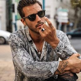 Men's Casual Shirts 2023 European And American Printed Snake Pattern Polo Neck Long Sleeve Single Row Multi Button Loose Comfor