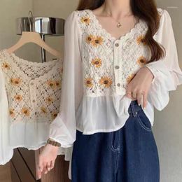 Women's Sweaters Embroidery Crochet Spring Summer 2023 Splicied Chiffon Long-sleeved Women Tops Shirt