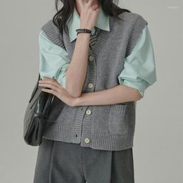 Women's Vests Fashion Sweater Vest 2023 Spring Autumn Vintage Casual Loose Grey Yellow V-neck Knitted Sleeveless Cardigan Tops