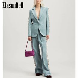 Womens Two Piece Pants 812 KlasonBell Contrast Color Knit Spliced Soft Cotton Single Button Blazer Or Elastic Waist Straight Casual Set Women 230818