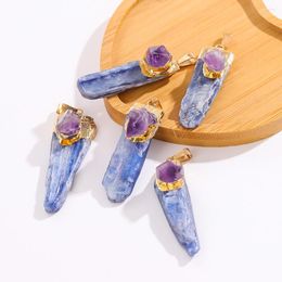 Pendant Necklaces 10pc Natural Raw Amethyst Inset Blue Quartz Stone Crystal Pillar Strip Charms For Necklace Earrings Jewellery Making Acc