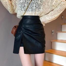 Skirts Side-slit PU Leather Women Mini A-line Y2k Sexy Girls Streetwear Korean Fashion Clothing Faldas College All-match