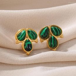 Stud Earrings Green Natural Stone Lucky Clover For Lady Party Jewelry Gold Color Stainless Steel Gentlewomen Mom Gifts