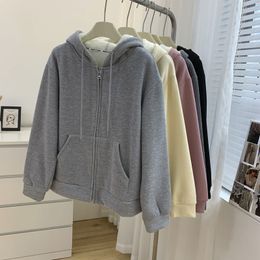 Grey plush hooded sweater for women in 2023 winter loose casual and versatile, thickened lamb velvet zippered cardigan jacket