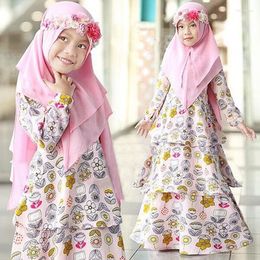 Ethnic Clothing Muslim Girls Print Khimar Jilbab Kids Prayer Dress 2 Piece Set Eid Ramadan Floral Hijab Abaya Islam Dubai Turkey Kaftan