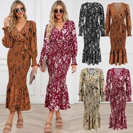 Casual Dresses Ladies V Neck Long Sleeve Belt Print Dress Fashion Loose Teen Athletic Womens Summer With Pockets