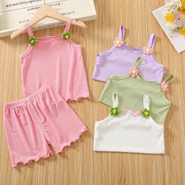 Clothing Sets Blue Stripe Girls' Set 2023 Summer Baby Strap Top Short Pants Children's Ice Silk Sleeveless Tank Two Piece