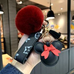 NEW Designer keychain bear head leather fur ball pendant key chain bow car pendant metal fashion personality creative cute