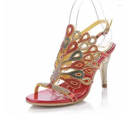 Sandals Women Fashion 2023 Colourful Crystal Peacock Thick/thin High Heels Rhinestone Female Shoes Summer Party Wedding Pumps