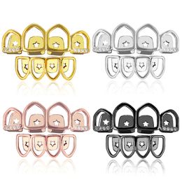 Hip Hop Zircon Dental teeth grillz designs Set for Men and Women - Hollowed Out Gold and Black 4 Top Bottom Vampire Grills with Fangs - Fashion Jewelry (1741)