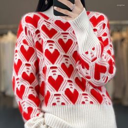 Women's Sweaters Red Love Jacquard Round Neck Cashmere Sweater Autumn And Winter Thick Wool Knitted Bottoming Coat