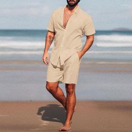 Men's Tracksuits Hawaiian Set Summer Solid Colour Stand Collar Short Sleeve Shirt&Beach Shorts Streetwear High Quality 2-Piece 2023