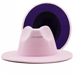 Women Outside Pink inside Purple Patchwork Crimping Fedora Jazz Hat British style Formal Panama Cap Dress Hat