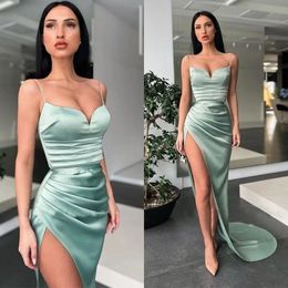 Prom Party Gown Evening Dresses Formal Sleeveless Lace Up Zipper New Custom Mermaid Trumpet Satin Pleat Split Front/Side Sweetheart