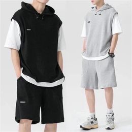 Men's Tracksuits Oversized Waffle Ice Silk Casual Short Sleeve Set For Summer Capris Thin Loose High Street Ins Pants Trendy Sports
