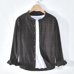 Men's Casual Shirts Cotton Linen Men Shirt Plaid Long Sleeve Slim Mandarin Collar Quality Business Dress Camisas TS-634