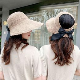Wide Brim Hats UV Protection Female Outdoor Magic Tape Bowknot Women Straw Hat Beach Summer Sun Empty Top Visors Cap