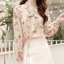 Women's Blouses Spring And Summer 2023 French Thin Medium Young Long-sleeved Printing Fashion Versatile Spliced Bow Button Shirt