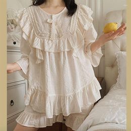 Women's Sleepwear 2 Colors Summer Royal Style Home Suit Cotton Princess Pajama Sets Vintage Ladies Girl's Ruffle Bow Pyjamas Set