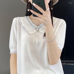 Women's Sweaters 2023 Summer V Short Sleeve Sweater Solid Colour Knitted Slim Fit Fashionable Wool Fine Imitation PulloverThin T-shirt