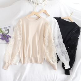 Women's Sweaters Autumn Winter Women Lace Knitted Pullovers Beading Mesh Patchwork Sweater Female Long Sleeve Bottoming Knitwear Short Tops