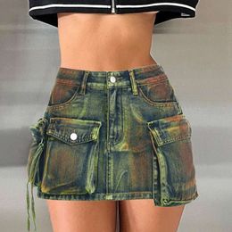 Womens Tie Dyed Out Skirt Of Style Three Dimensional Stitching Irregular Large Pocket High Waist Zipper Slim